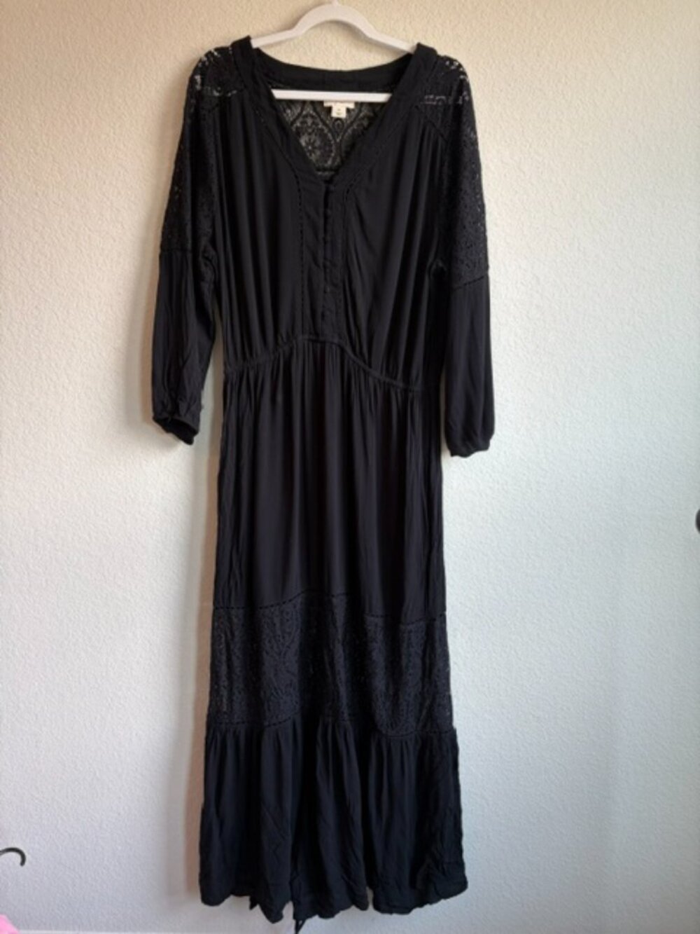 Style & Co Black Lace Trim Maxi Peasant Tiered Dress Sz XL Boho Whimsigoth - Picture 2 of 10